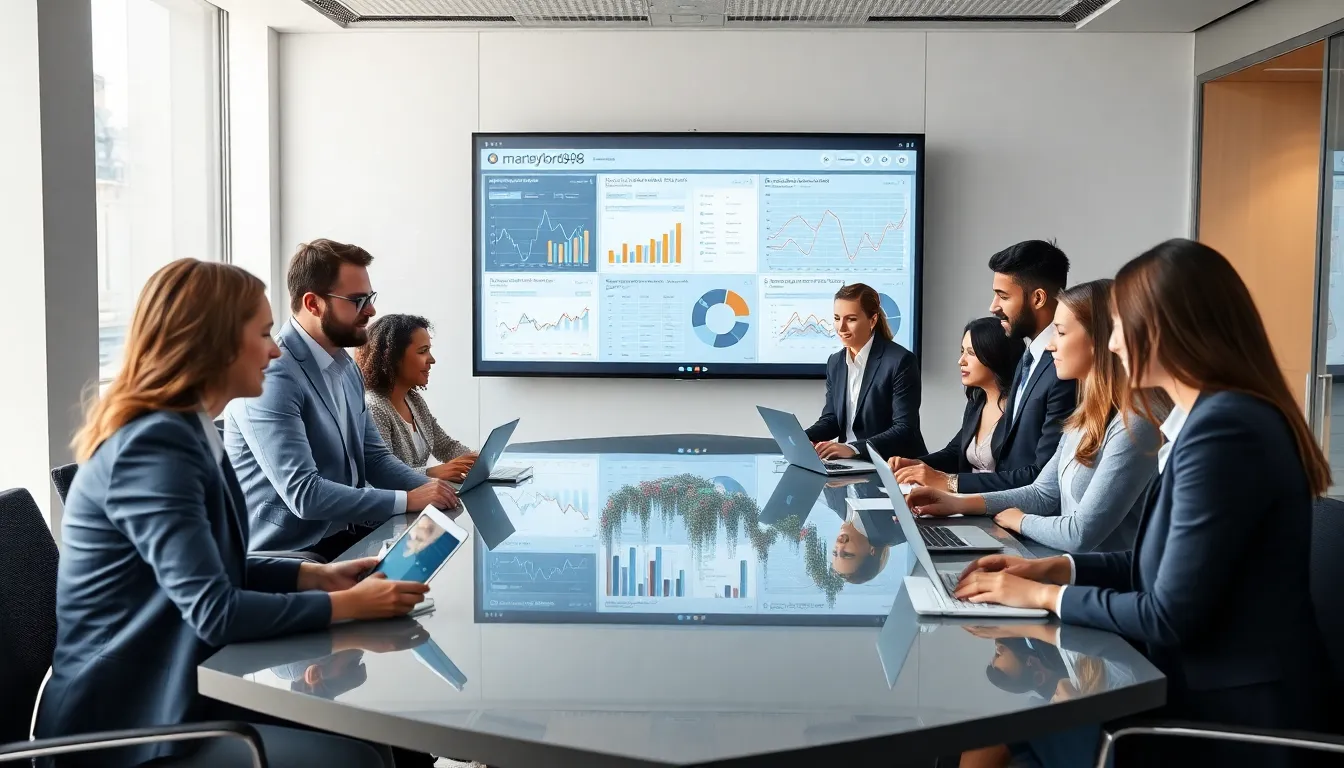 diverse team discussing technology in a modern office setting.