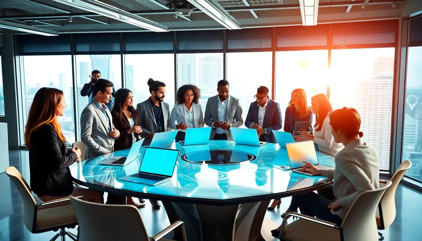diverse professionals collaborating in a modern tech workspace.